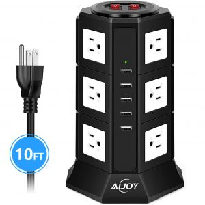 AiJoy Surge Protector Tower Power Strip 12 AC Outlets with 5 USB Ports Charging Station with 10ft Extension Cord for Home Office